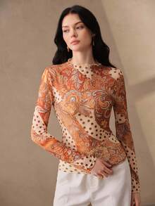 Anewsta Women's Spring/Summer Brown Tone Cashew Flower & Polka Dot Patchwork Slim Fit Sheer Mesh Long Sleeve T-Shirt, Commute, Date, Daily Layering Inner Top - Brown - View 5