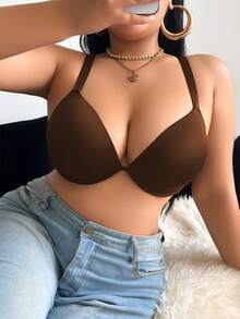 DesireSculpt 1pc Women Plus Size Solid Color Underwire Bra, Lift - Brown - View 4