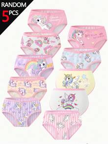5pcs Celana Dalam Anak Perempuan Motif Unicorn Acak, Gaya Dasar Sederhana dan Manis, Desain Kartun Berwarna-warni Merah Muda Lembut, Celana Dalam Segitiga Lucu untuk Anak Perempuan Muda - MultiWarna - View 1