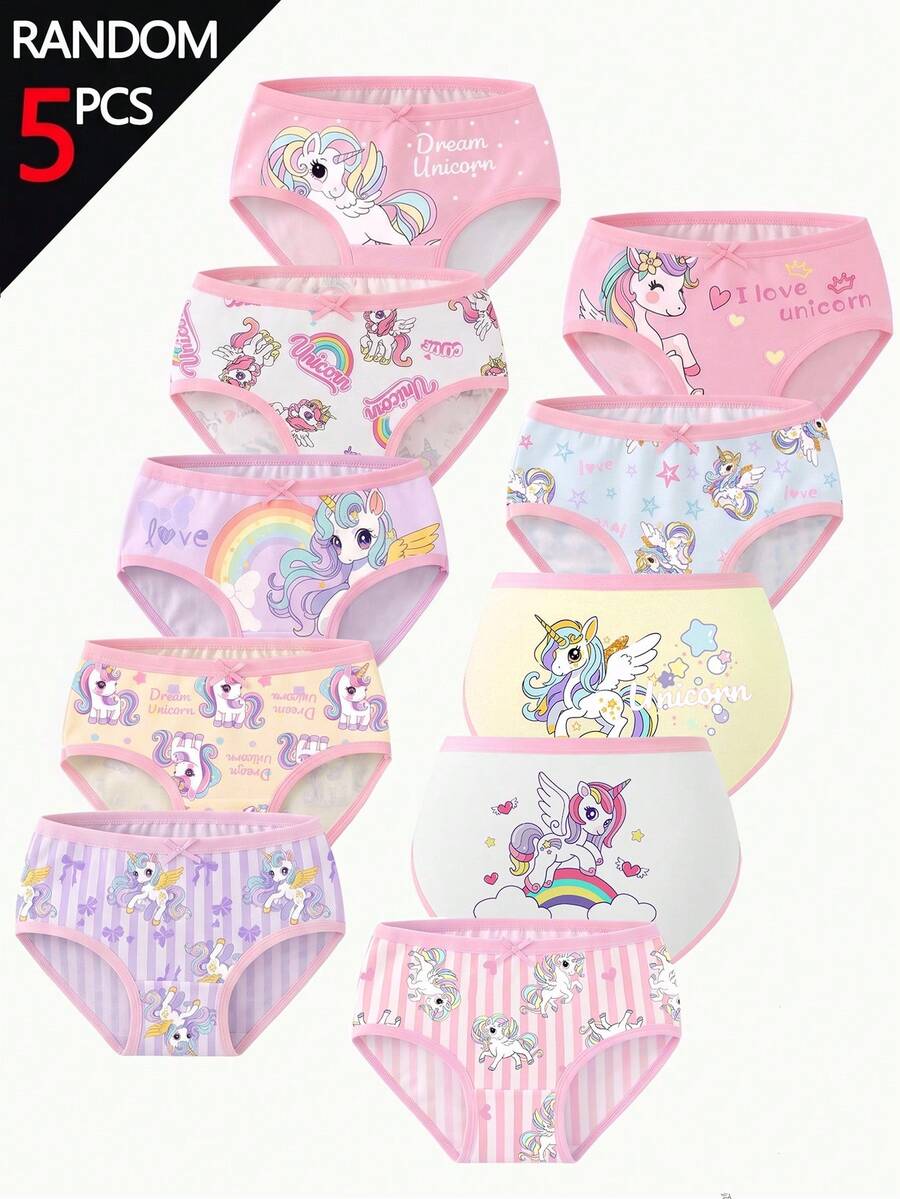 5pcs Celana Dalam Anak Perempuan Motif Unicorn Acak, Gaya Dasar Sederhana dan Manis, Desain Kartun Berwarna-warni Merah Muda Lembut, Celana Dalam Segitiga Lucu untuk Anak Perempuan Muda - MultiWarna - View 1