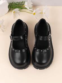 SHEIN Girls Love Buckle Rivet Loafers Round Head Flat Bottom Princess Style College Style Daily Four Seasons Cute Children's Shoes - Black - View 5