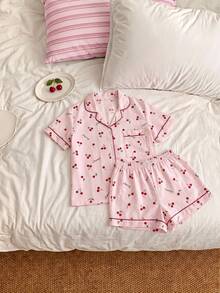 Joivida 2件組女款短袖短褲睡衣套裝 櫻桃印花休閒居家服 - 粉色 - 查看 5
