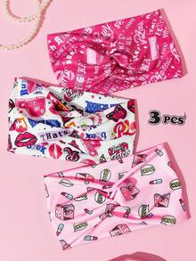 Mean Girls | SHEIN 3件組對比色塗鴉印花扭繩髮箍，個性休閒布料髮帶 - 彩色 - 查看 2