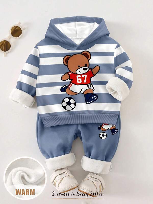 Conjunto casual cómodo con capucha para bebé, estampado clásico vintage de rayas azul marino, estampado clásico lindo de oso de fútbol de dibujos animados, adecuado para otoño/invierno