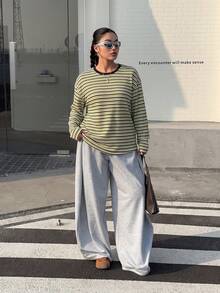 SHEIN EZwear Plus Size Autumn Casual Striped Drop Shoulder Loose Fit T-Shirt - Multicolor - View 4