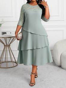 SHEIN Lady Plus Size Elegant Party Solid Color Lace Patchwork Dress - Green - View 4