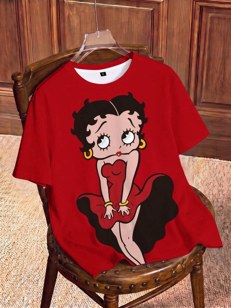 Betty Boop x SHEIN 女款卡通印花圓領短袖休閒T恤 - 白色 - 查看 1