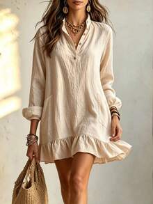 LUMIGAL Women's Casual Vacation Ruffle Hem Short Dress - Apricot - View 3