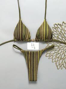 Swim Mod 女款春夏新款特殊面料金屬裝飾V領掛脖露背三角鉚釘比基尼泳衣兩件套 - 墨綠色 - 查看 3