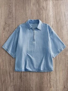 Manfinity Joysei 2026 New American Vintage Loose Turndown Collar Split Striped Short Sleeve Polo Casual Washed Denim Versatile Plus Size Top - Multicolor - View 1