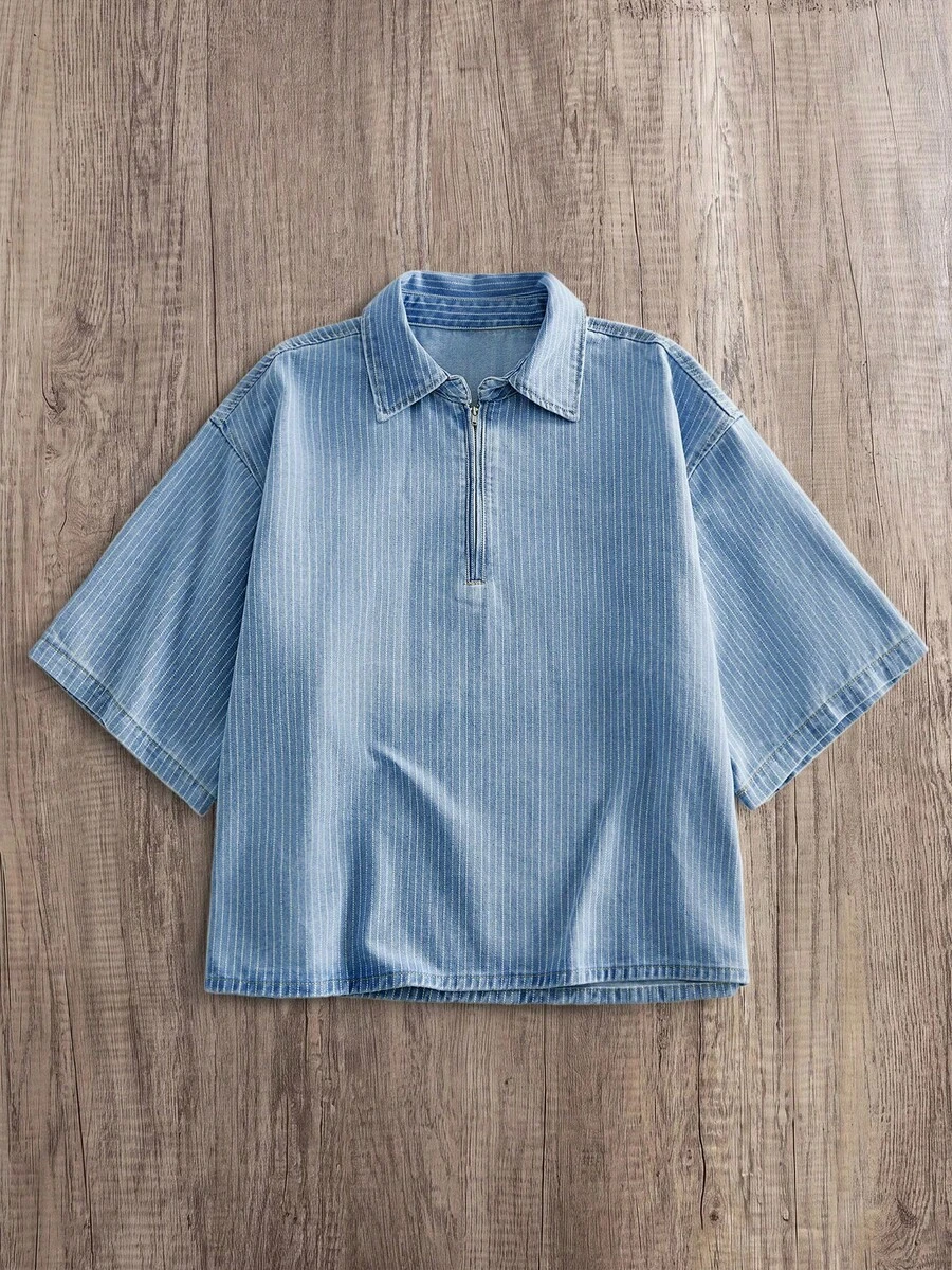 Manfinity Joysei 2026 New American Vintage Loose Turndown Collar Split Striped Short Sleeve Polo Casual Washed Denim Versatile Plus Size Top - Multicolor - View 1