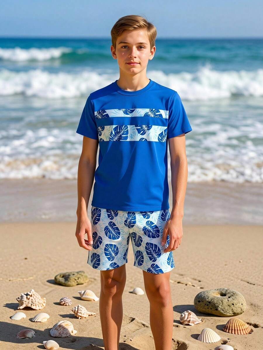 SHEIN 蓝色树叶印花青少年男童圆领短袖短裤两件套休闲泳装 - 藍色 - 查看 1
