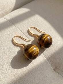 Resyla 1 Pair Vintage Hong Kong Style Asymmetrical Tie Dye Artificial Tiger Eye Stone Design Elegant Niche Luxury Copper Hoop Earrings, Suitable For Banquet, Daily Wear, Autumn/Winter - Brown - View 4