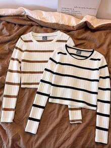 SHEIN EZwear 秋季新款 2件/組 女款圓領長袖羅紋針織T恤，適合秋冬/返校季 - 彩色 - 查看 5
