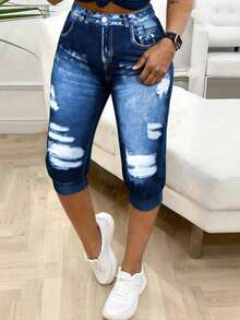EMERY ROSE Leggings capri casuales de mujer de talla grande con efecto de mezclilla - Multicolor - Ver 5