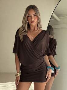 Aloruh Women's Yellow Cowl Neck A-Line Backless Short Dress With Tie Straps, Suitable For Vacation, Date, Commute, Daily Wear - Brown - View 3