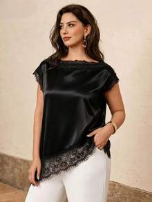 Juhart Plus Size Lace Women's Brown Satin Stretchy Fabric Comfortable Asymmetric Hemline - Black - View 5