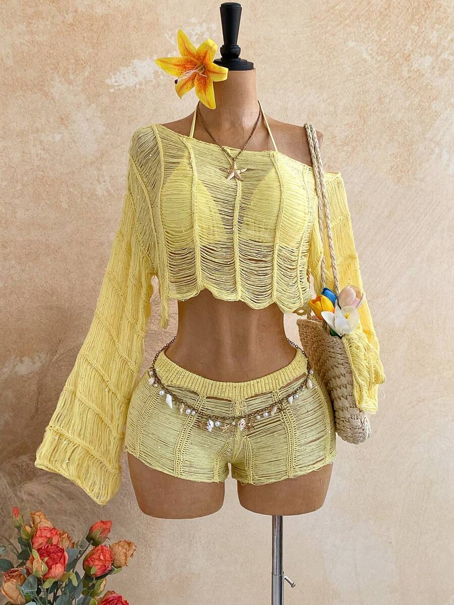 Soleia Women's Plus Size Solid Color Asymmetric Shoulder Long Sleeve Top And Shorts Knit Set Fall - Light Yellow - View 1