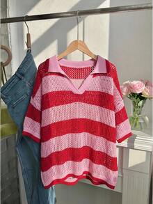 Comfortcana Plus Size Color Block Striped Hollow Knit Top Back-To-School Date Night Light Pink Summer 1920s 1950s Vintage - Red - View 1