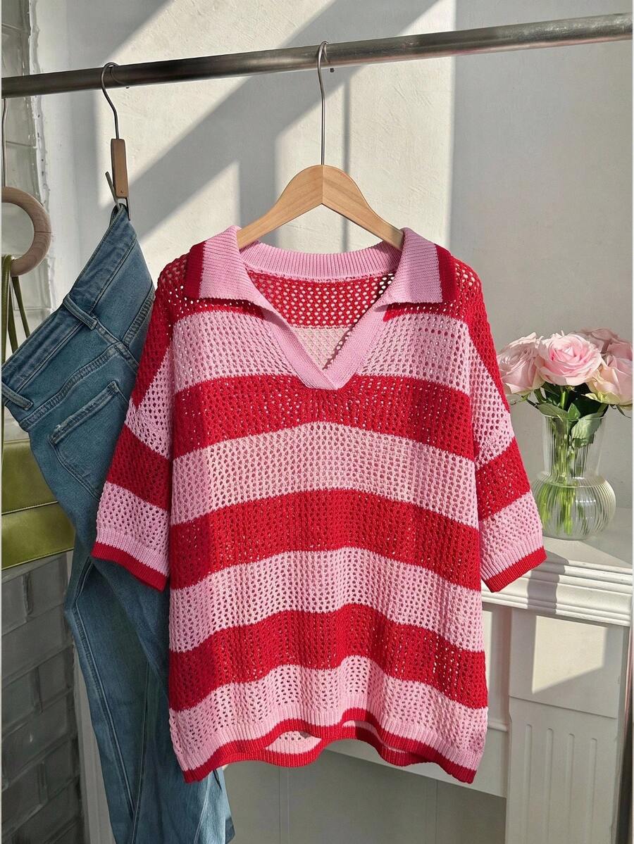 Comfortcana Plus Size Color Block Striped Hollow Knit Top Back-To-School Date Night Light Pink Summer 1920s 1950s Vintage - Red - View 1