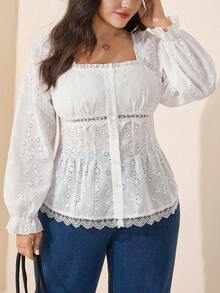 Easowa Curve Blus Bordir Berongga Warna Polos Ukuran Besar - Putih - View 1