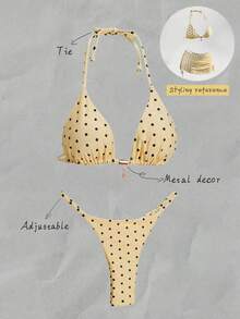 Elavelle Spring Break Women Polka Dot Random Print Metallic Decor Spaghetti Strap Sexy Bikini Beachwear Set For Ladies For Summer Beach Vacation - Multicolor - View 4