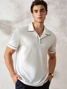 TONEVAULT Men's Casual Button Half Placket Ribbed Short Sleeve Contrast Color T-Shirt - White - View 1