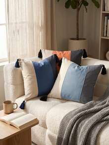 Cirelle 1pc/2pcs All-Season 3-Tone Vertical Color Block Canvas Pillow Covers With Four-Corner Tassels, Minimalist Modern Boho Neutral Home Decor Cushion Cases For Sofas, Bedrooms, Bay Windows, Apartments & Homestays, Pillow Insert Not Included - Light blue - View 9