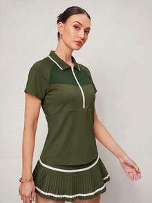 Activina 女款短袖拉鍊設計休閒運動 Polo 衫 - 墨綠色 - 查看 6