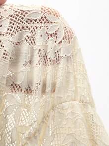 Dazy Plus Plus Size Solid Color Lace Fitted Drawstring Hem Ruffle Tie Elegant Vacation Spring/Autumn Blouse Shirt - Apricot - View 5
