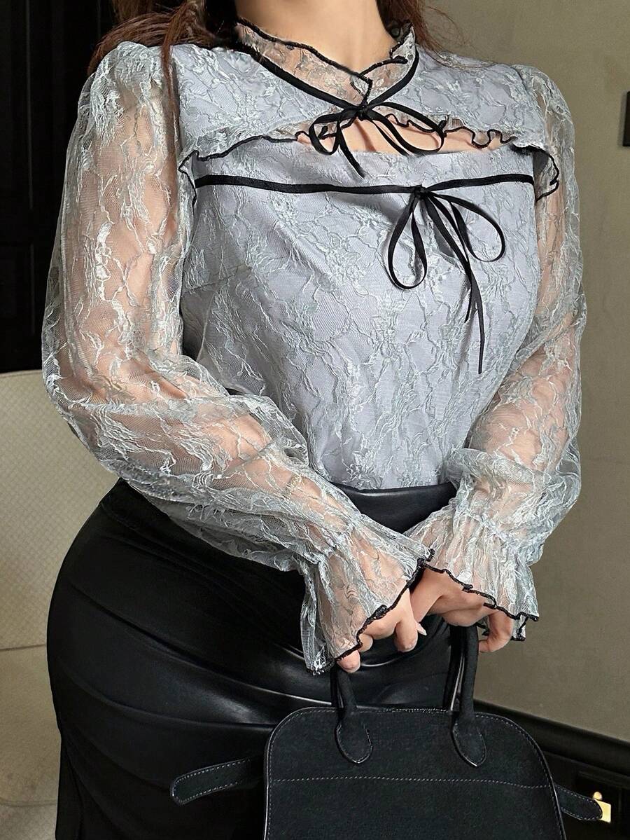 Dazy Plus Plus Size Elegant Commuter Lace Tie Blouse Fall - Dusty Purple - View 1