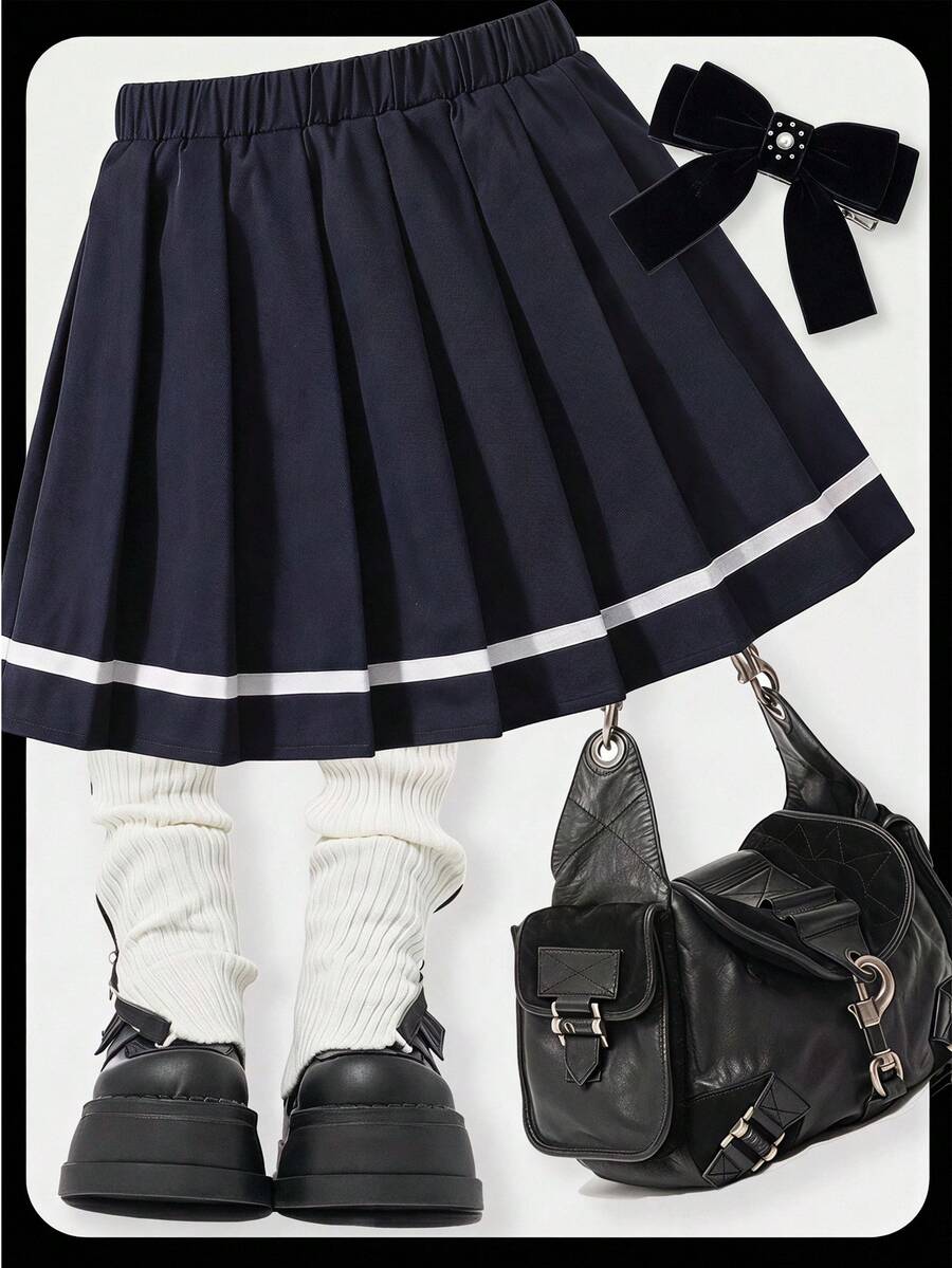 Young Girl Young Girl Fashionable Versatile Woven Solid Color Pleated Fitted Casual Skirt - Navy Blue - View 1