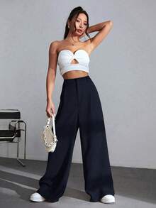 SHEIN EZwear 休閒百搭 100% 純棉海軍藍高腰寬腿褲，適合校園穿搭、全方位休閒穿著、派對與音樂節穿著、畢業季、開學季、度假季、都市辦公穿著 - 藍色 - 查看 7