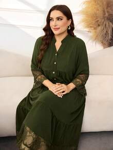 Lacomfia Plus Size Women's Long Sleeve Stand Collar Lace Trim Patchwork Comfortable Half-Open Front Wooden Button Decor, Split Lace Patchwork Fashion Dress - Army Green - View 3
