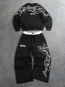 PAVTROS Men's Letter Print Sweatshirt & Sweatpants Set - Black - View 2