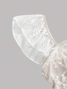 Pitira 粉色花卉夏季優雅婚禮賓客女童蕾絲細肩帶荷葉袖露背蝴蝶結中長洋裝，花童畢業禮服 - 白色 - 查看 3