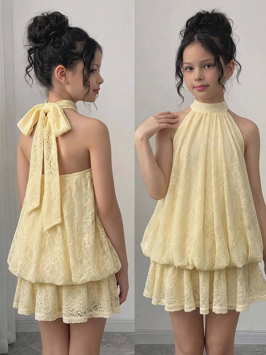 SHEIN Pitira 青少年女孩黃色蕾絲掛脖洋裝，背後附蝴蝶結，適合畢業典禮、晚禮服與夏季洋裝 - 黃色 - 查看 1