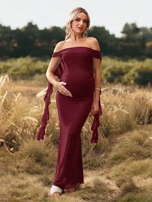 Cheriluna Maternity 聖誕派對洋裝/優雅派對洋裝/嬰兒洗禮派對洋裝 純色露肩露背蝴蝶結長版孕婦攝影洋裝 - 酒紅色 - 查看 3