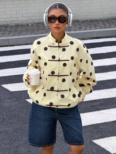 Muchica Women's Woven Long-Sleeved Jacket In A Pale Yellow-Brown Polka-Dot Pattern, Featuring Chinese-Style Knotted Button Closures.