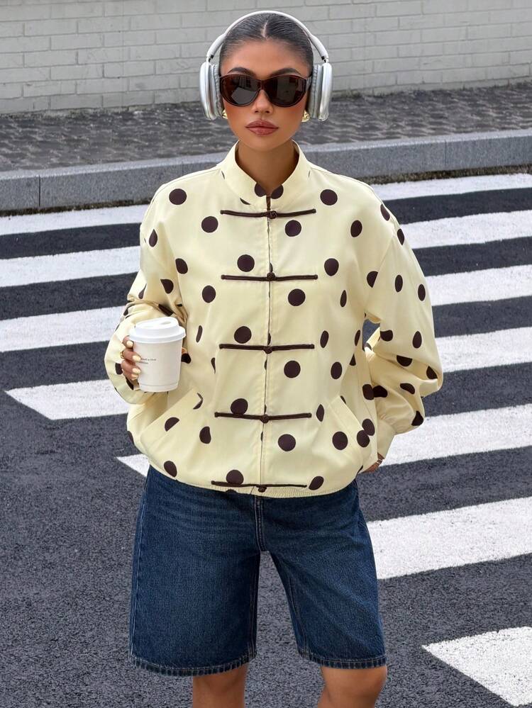Muchica Women's Woven Long-Sleeved Jacket In A Pale Yellow-Brown Polka-Dot Pattern, Featuring Chinese-Style Knotted Button Closures. - Pale Yellow - View 6