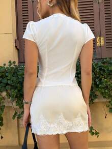 BiaLiraa Falda elegante de satén color albaricoque con parches de encaje de cintura baja para mujeres, casual para mujeres, Día de San Valentín para mujeres, nueva primavera/verano 2026 - Albaricoque - Ver 2