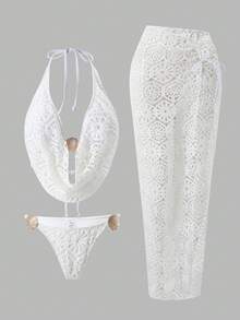SHEIN Swim Setelan Liburan Pantai 3 Potong Wanita dengan Hiasan Kerang Logam, Atasan Tank Top Model Halter, Bawahan Bikini Segitiga, dan Rok Maxi Model Ikat. - Putih - View 2