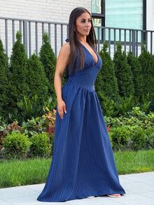 SAYEHFBABY Elegant Summer Navy Blue And White Striped Halter Neck Maxi Dress,Flowy Skirt Bodycon Waist Vacation Women's Dress For Dinner Party,Formal Wear - Blue - View 6