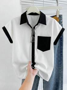SHEIN Franclia 女款常規長度休閒幾何黑白襯衫，有領短袖附前口袋 - 黑與白 - 查看 5