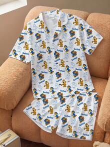 GARFIELD | SHEIN 男童夏季休闲舒适可爱卡通印花纽扣衬衫短裤睡衣套装 - 藍白色 - 查看 2