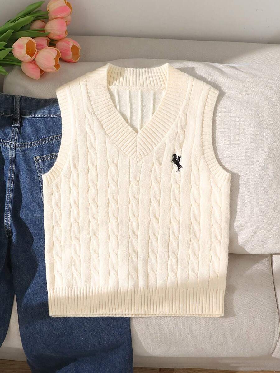 SHEIN 青少年女孩淺杏色V領刺繡針織背心,柔軟舒適,適合日常穿著、外出、旅行、度假、居家、托兒所及玩耍 - 杏色 - 查看 1
