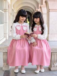 SHEIN Tween女孩休閒學院風日常百搭舒適拼接撞色翻領洋裝，開學季適用，小學、國中校園穿搭 - 粉色 - 查看 3