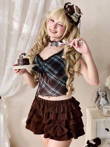 ROMWE Kawaii Girl Dark Brown Multi-Layer Ruffle Bow Decor Women's Skirt Party Summer Romantic Cute - Brown - View 11