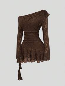 Sweetra Minimalist Sexy Sweet Asymmetrical Shoulder Lace Embroidered Early Autumn Long Sleeve Ruffle Date First Love Girl Ruched Short Dress Plus Size Women - Coffee Brown - View 1