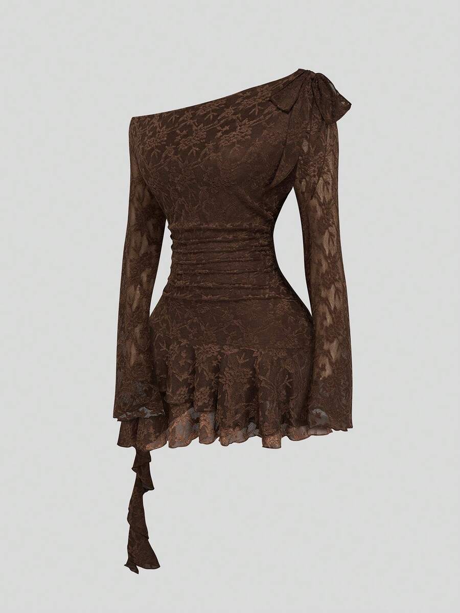 Sweetra Minimalist Sexy Sweet Asymmetrical Shoulder Lace Embroidered Early Autumn Long Sleeve Ruffle Date First Love Girl Ruched Short Dress Plus Size Women - Coffee Brown - View 1